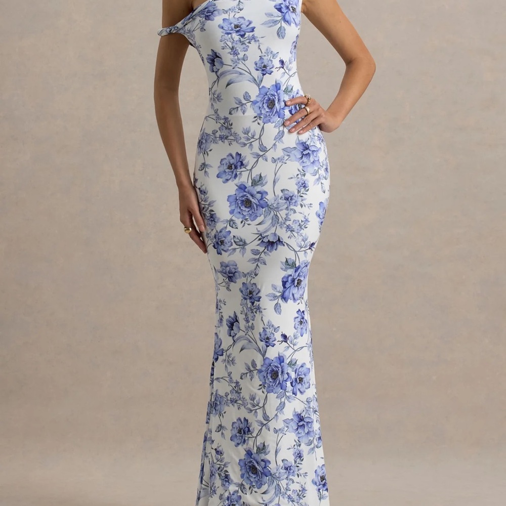 Club L London White One-Shoulder Floral Gown with Blue Print